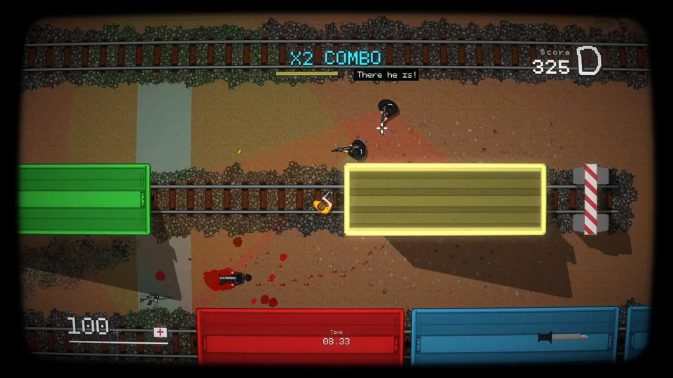 Shootout at a railway crossing between freight cars, with a combo counter on screen