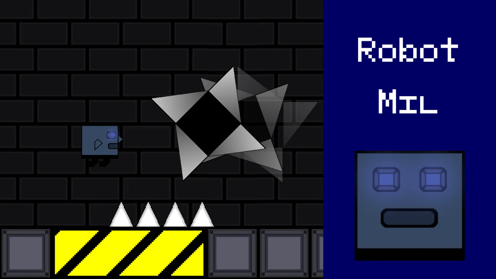 Robot Mil key art: the small robot Mil next to a spinning saw blade above a row of spikes, with the game logo on the right