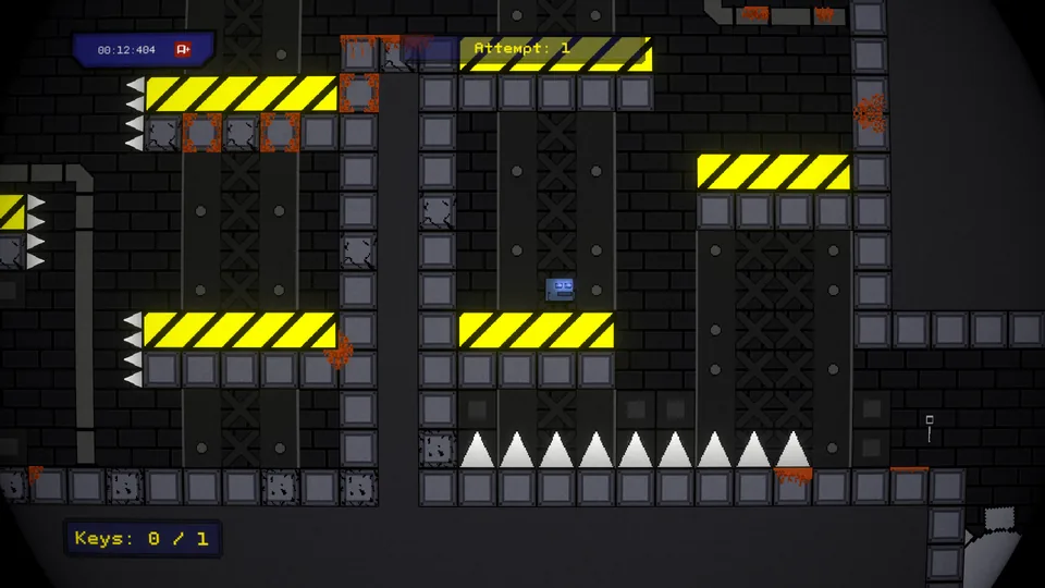 Factory level with spiked walls, a row of spikes and a key to collect