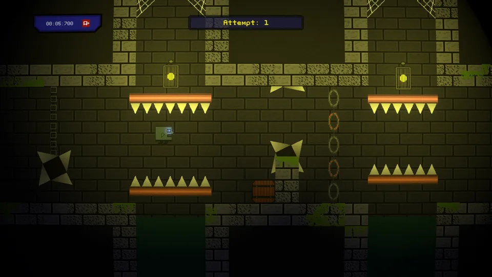 Mossy dungeon level lit by lamps, with rows of spikes and spinning blades