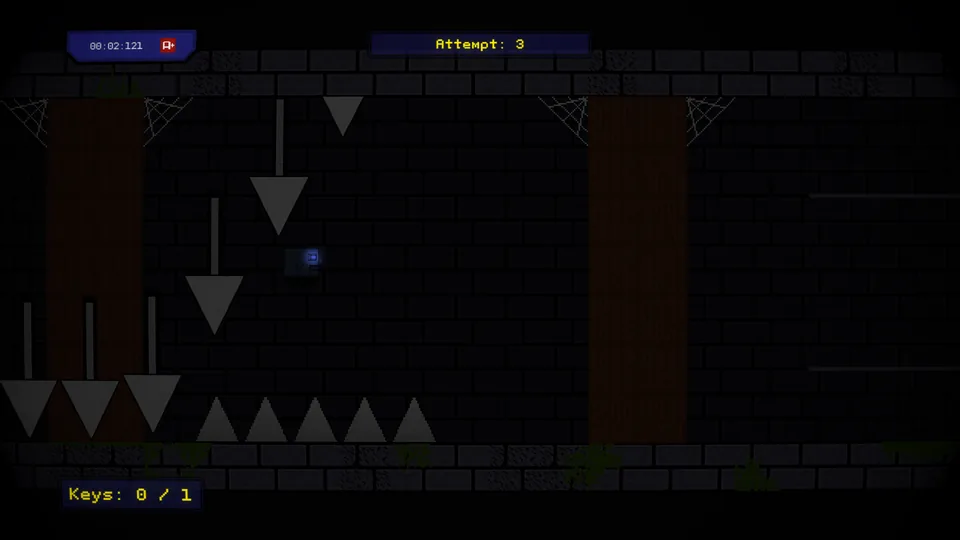 Dark dungeon with falling spikes and a key to collect